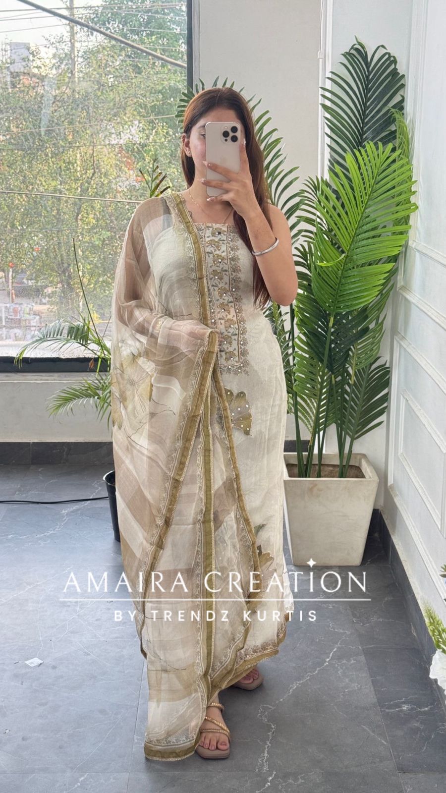 Premium Orgnaza Cream Pista Colour Unstitched Suit With Printed Chiffon Dupatta