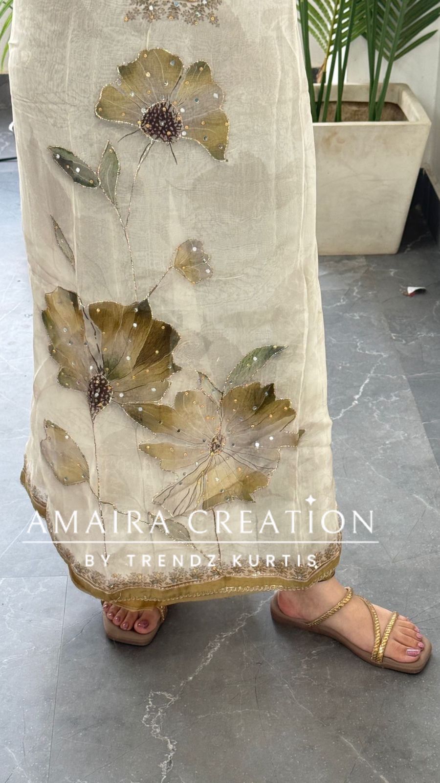 Premium Orgnaza Cream Pista Colour Unstitched Suit With Printed Chiffon Dupatta
