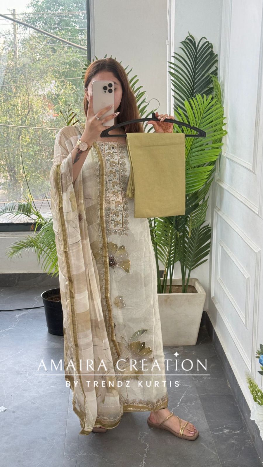 Premium Orgnaza Cream Pista Colour Unstitched Suit With Printed Chiffon Dupatta