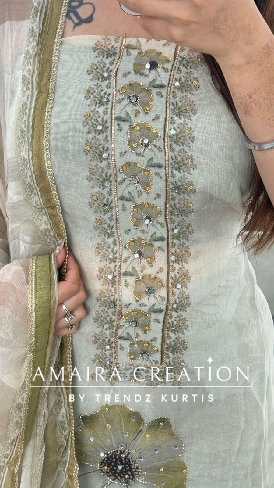 Premium Orgnaza Cream Pista Colour Unstitched Suit With Printed Chiffon Dupatta