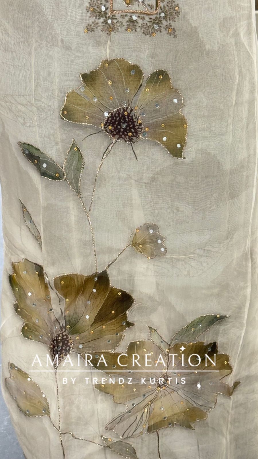 Premium Orgnaza Cream Pista Colour Unstitched Suit With Printed Chiffon Dupatta