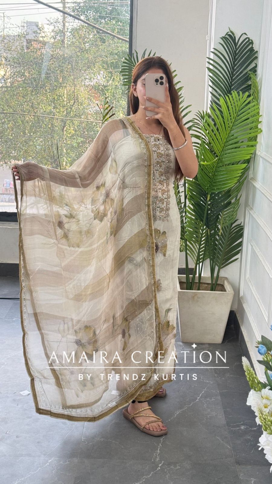 Premium Orgnaza Cream Pista Colour Unstitched Suit With Printed Chiffon Dupatta
