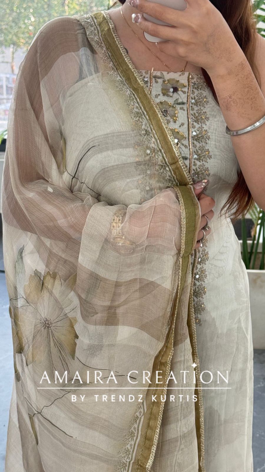 Premium Orgnaza Cream Pista Colour Unstitched Suit With Printed Chiffon Dupatta