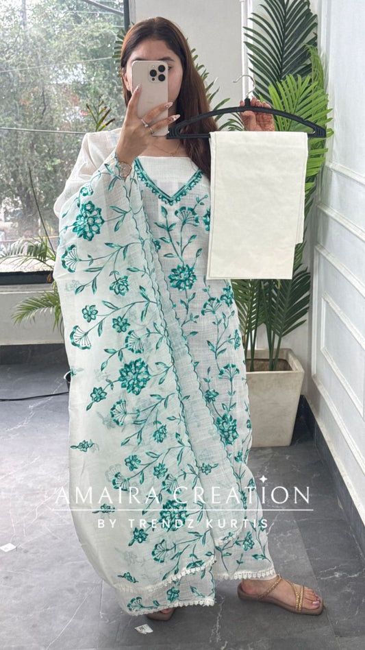 Premium Kota Fabric White Green Colour Embroidered Suit With Full Embroidered Kota Dupatta
