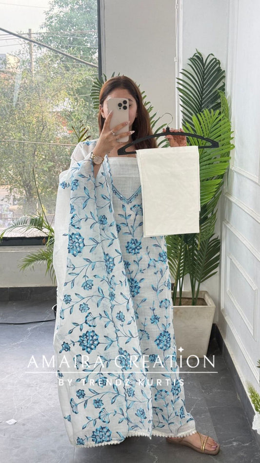 Premium Kota Fabric White Blue Colour Embroidered Suit With Full Embroidered Kota Dupatta
