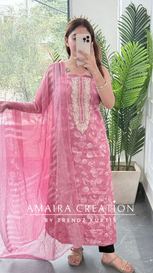 Premium Cotton Pink Colour Unstitched Suit With Printed Chiffon Dupatta