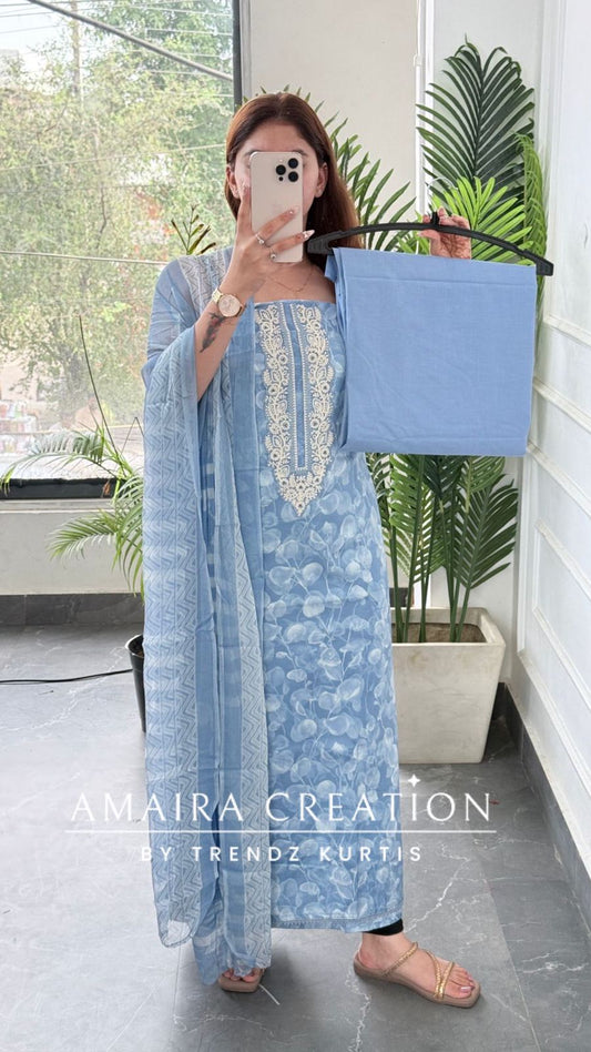 Premium Cotton Powder Blue Colour Unstitched Suit With Printed Chiffon Dupatta