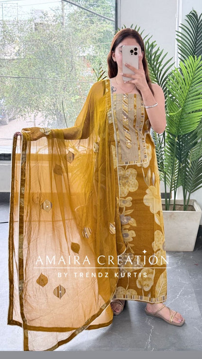 Premium Cotton Mustard Colour Unstitched Suit With Patch Work Chiffon Dupatta