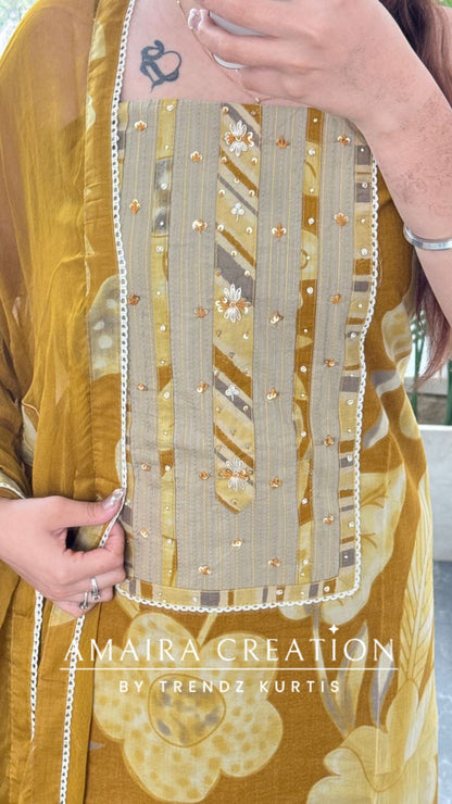 Premium Cotton Mustard Colour Unstitched Suit With Patch Work Chiffon Dupatta