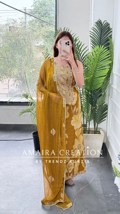 Premium Cotton Mustard Colour Unstitched Suit With Patch Work Chiffon Dupatta