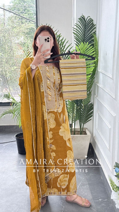 Premium Cotton Mustard Colour Unstitched Suit With Patch Work Chiffon Dupatta