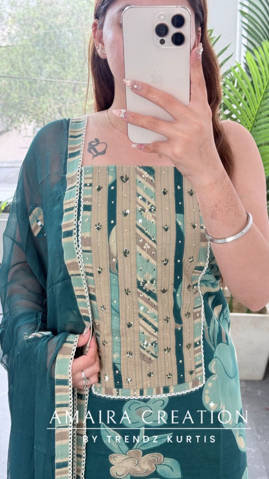 Premium Cotton Peacock Colour Unstitched Suit With Patch Work Chiffon Dupatta