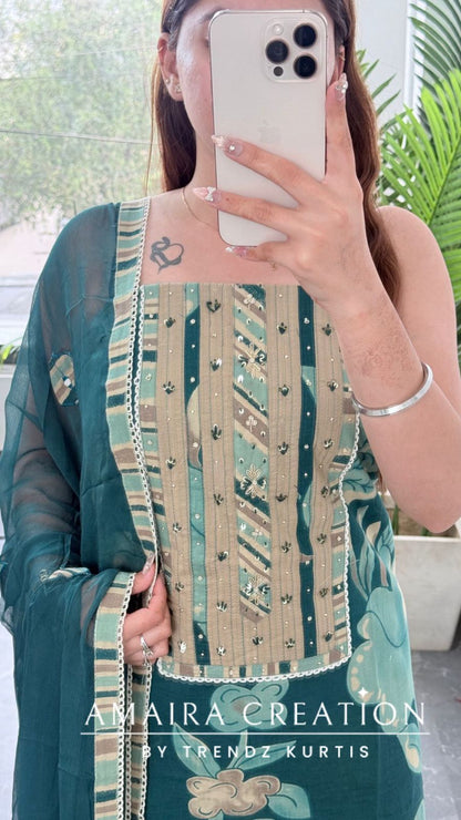 Premium Cotton Peacock Colour Unstitched Suit With Patch Work Chiffon Dupatta