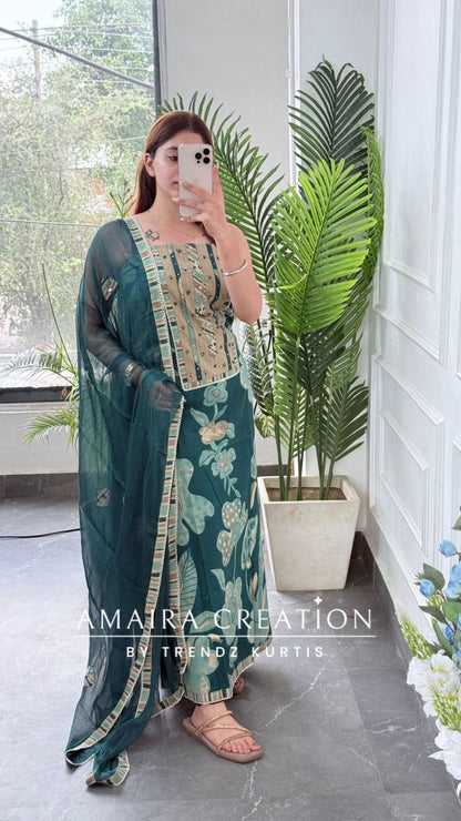 Premium Cotton Peacock Colour Unstitched Suit With Patch Work Chiffon Dupatta