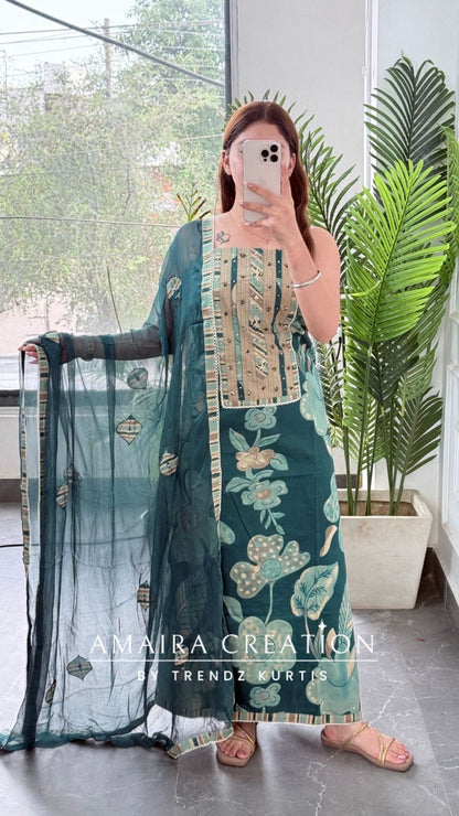 Premium Cotton Peacock Colour Unstitched Suit With Patch Work Chiffon Dupatta