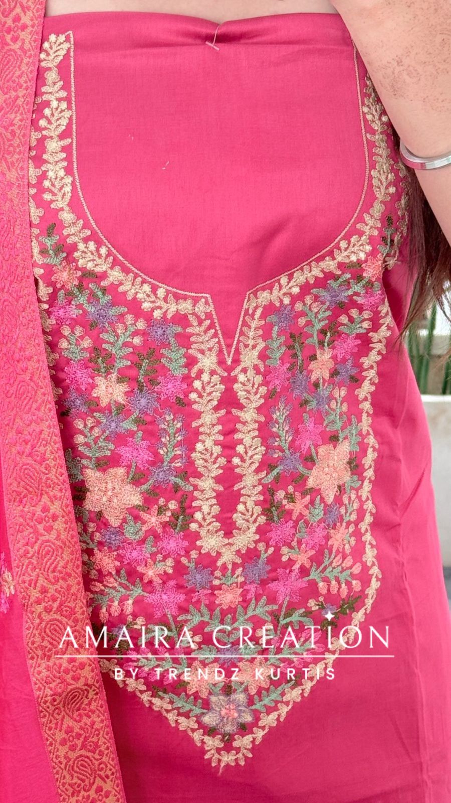 Premium Glaze Cotton Carrot Colour Thread Embroidered Unstitched Suit With Muslin Fabric Embroidered Dupatta