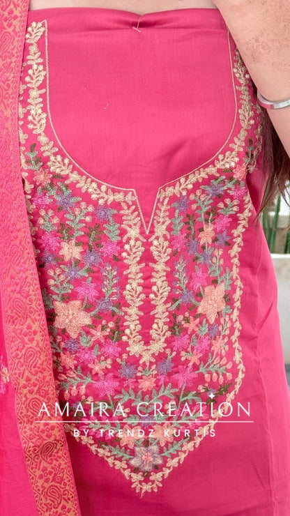 Premium Glaze Cotton Carrot Colour Thread Embroidered Unstitched Suit With Muslin Fabric Embroidered Dupatta