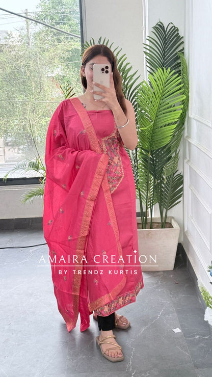 Premium Glaze Cotton Carrot Colour Thread Embroidered Unstitched Suit With Muslin Fabric Embroidered Dupatta