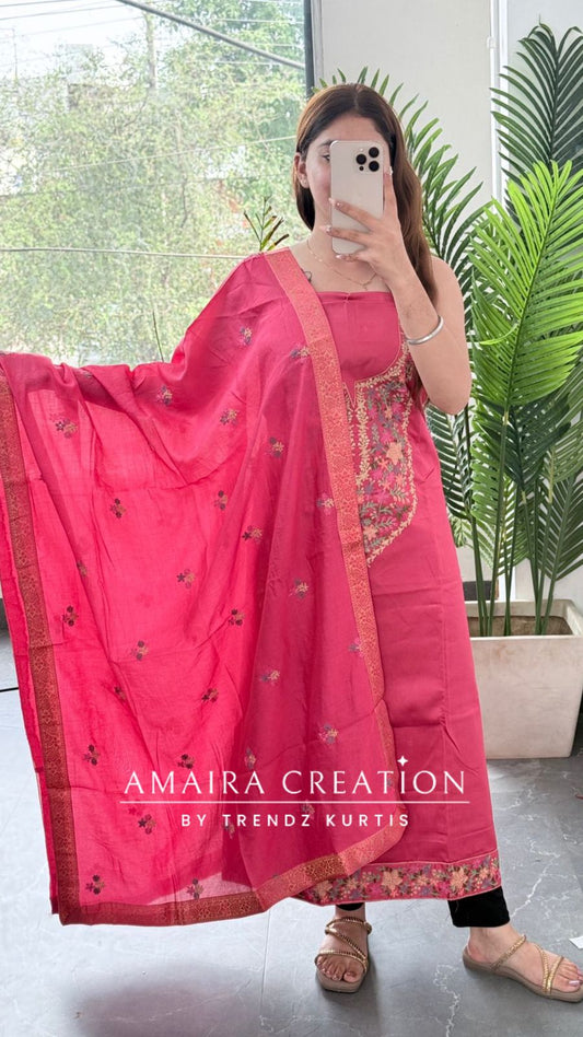 Premium Glaze Cotton Carrot Colour Thread Embroidered Unstitched Suit With Muslin Fabric Embroidered Dupatta