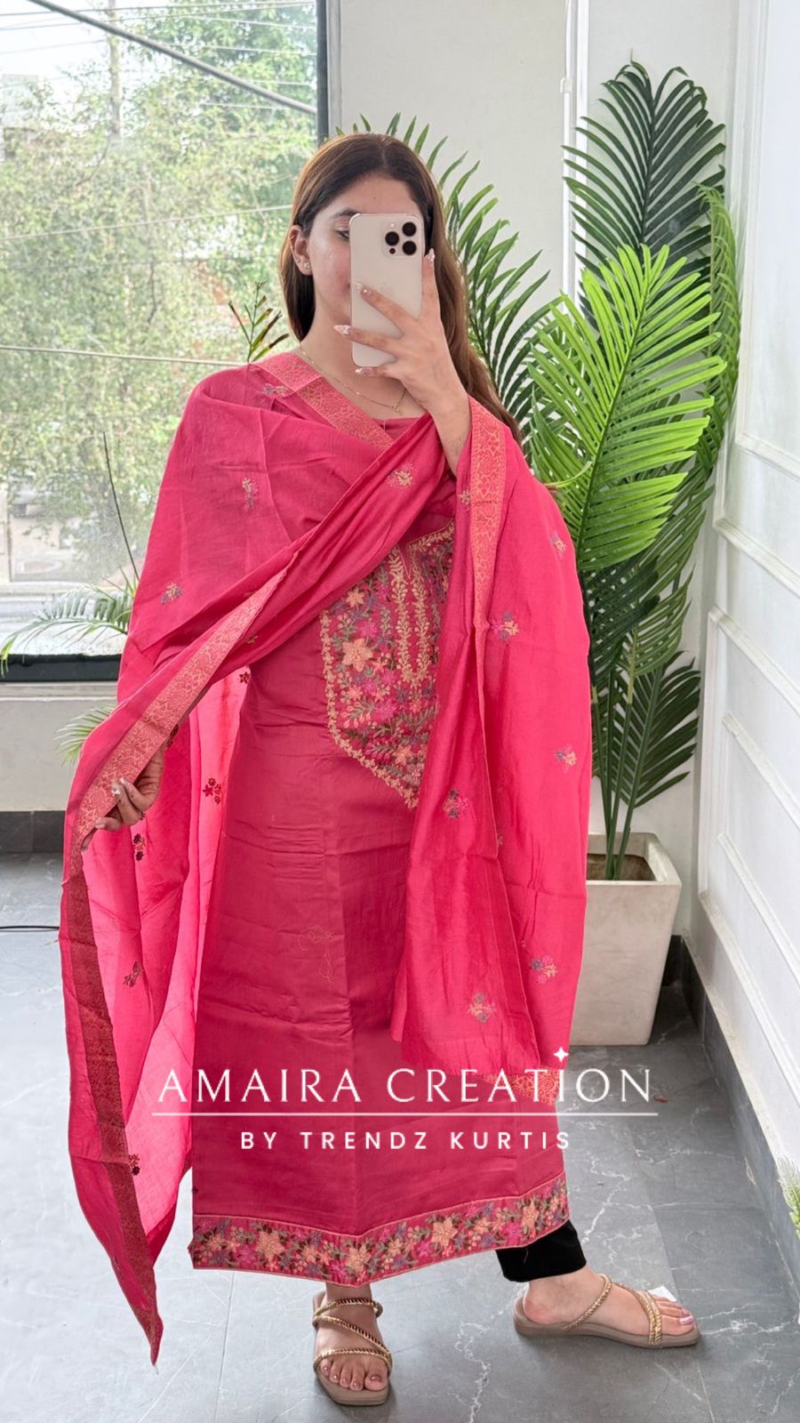 Premium Glaze Cotton Carrot Colour Thread Embroidered Unstitched Suit With Muslin Fabric Embroidered Dupatta