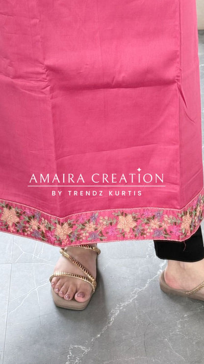 Premium Glaze Cotton Carrot Colour Thread Embroidered Unstitched Suit With Muslin Fabric Embroidered Dupatta