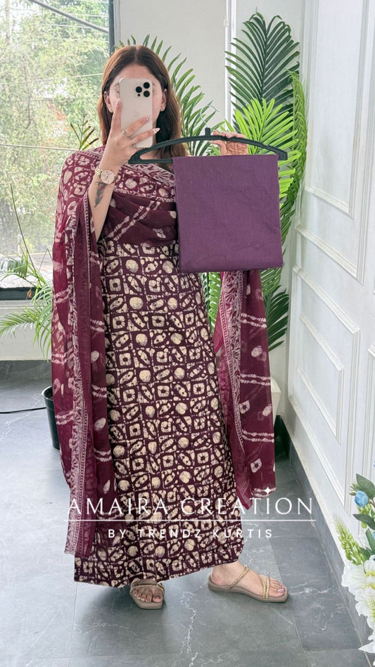 Premium Cotton Wine Colour Batik Print Unstitched Suit With Chiffon Dupatta