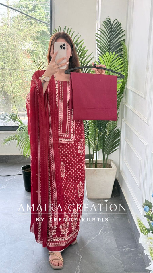 Premium Cotton Maroon Colour Unstitched Suit With Chiffon Dupatta