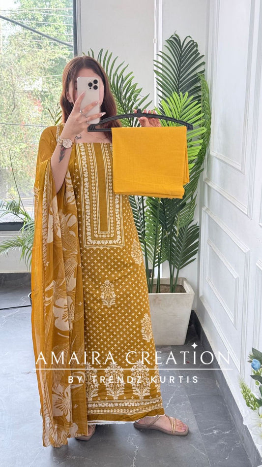 Premium Cotton Mustard Colour Unstitched Suit With Chiffon Dupatta