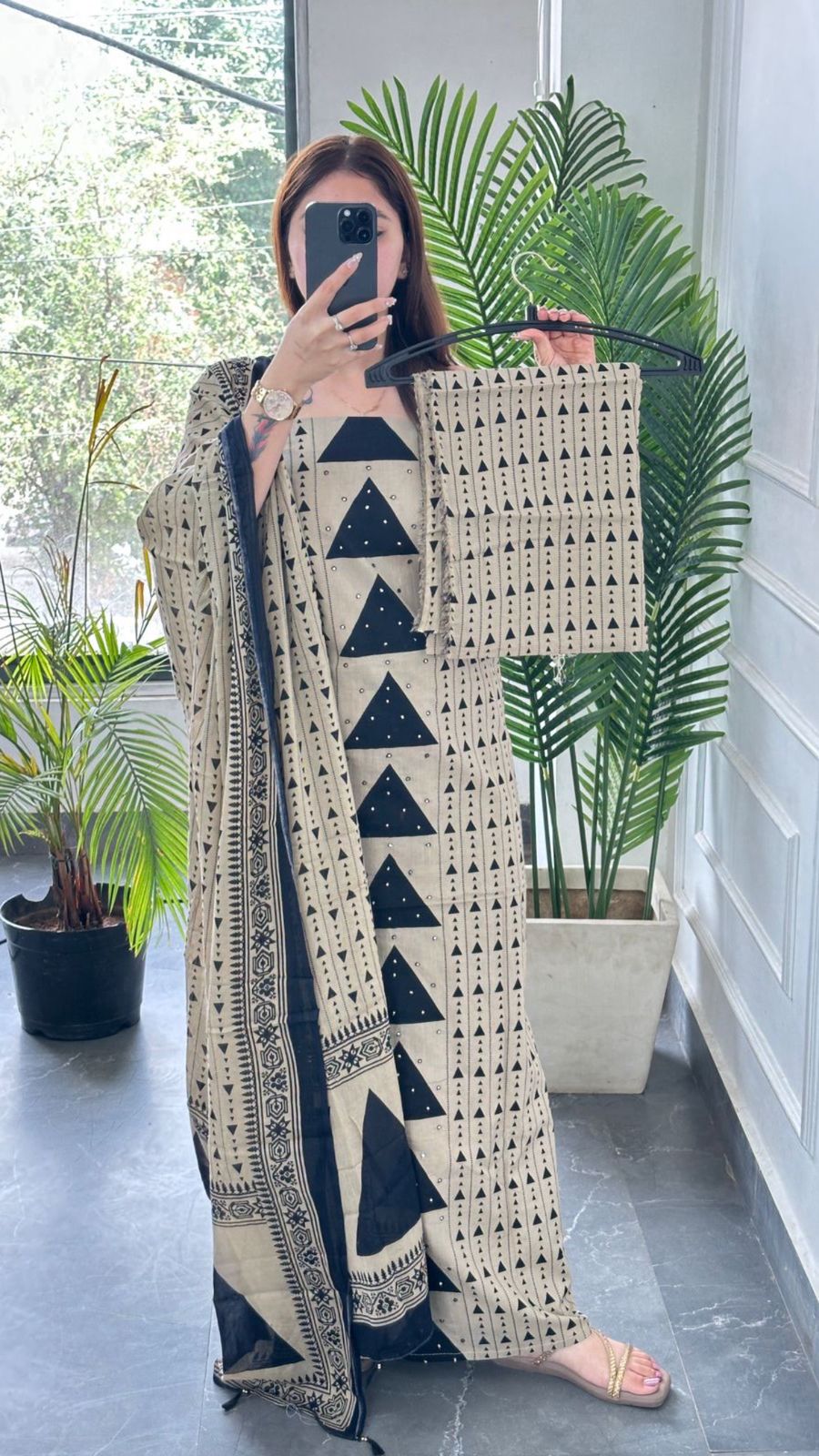 Premium Cotton Beige Black Colour Unstitch Suit