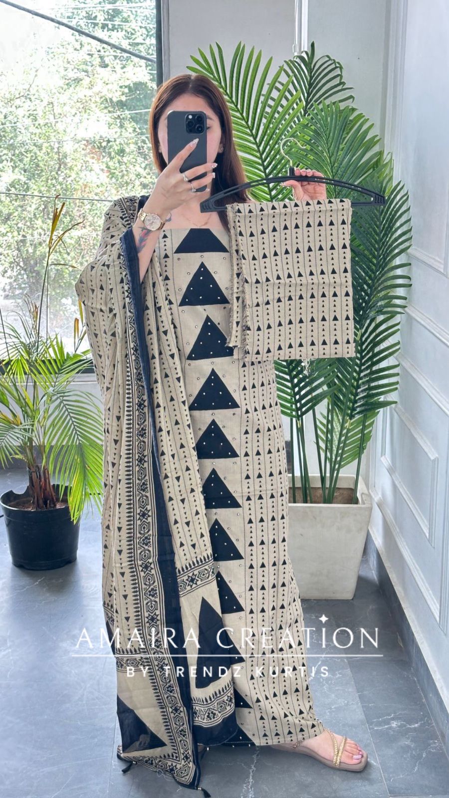 Premium Cotton Beige Black Colour Unstitch Suit