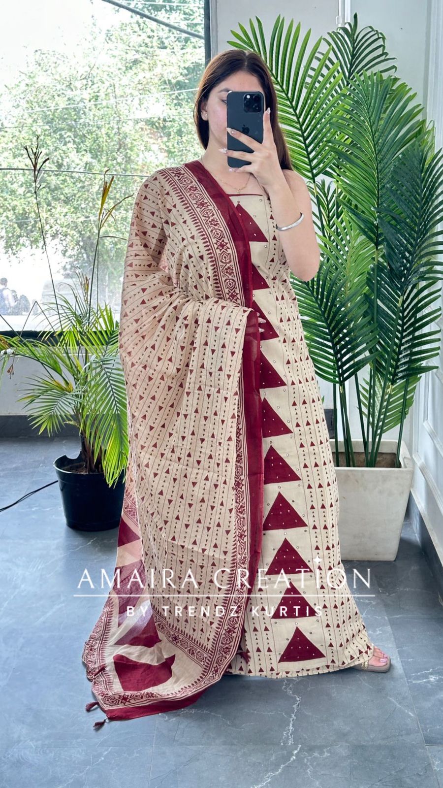 Premium Cotton Beige Maroon Colour Unstitch Suit