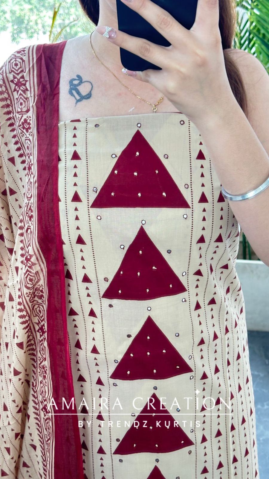Premium Cotton Beige Maroon Colour Unstitch Suit