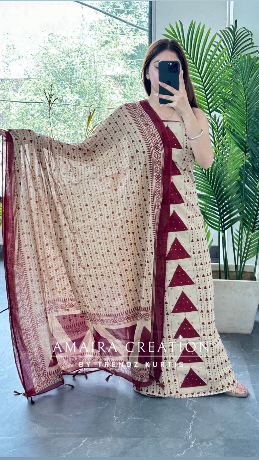 Premium Cotton Beige Maroon Colour Unstitch Suit