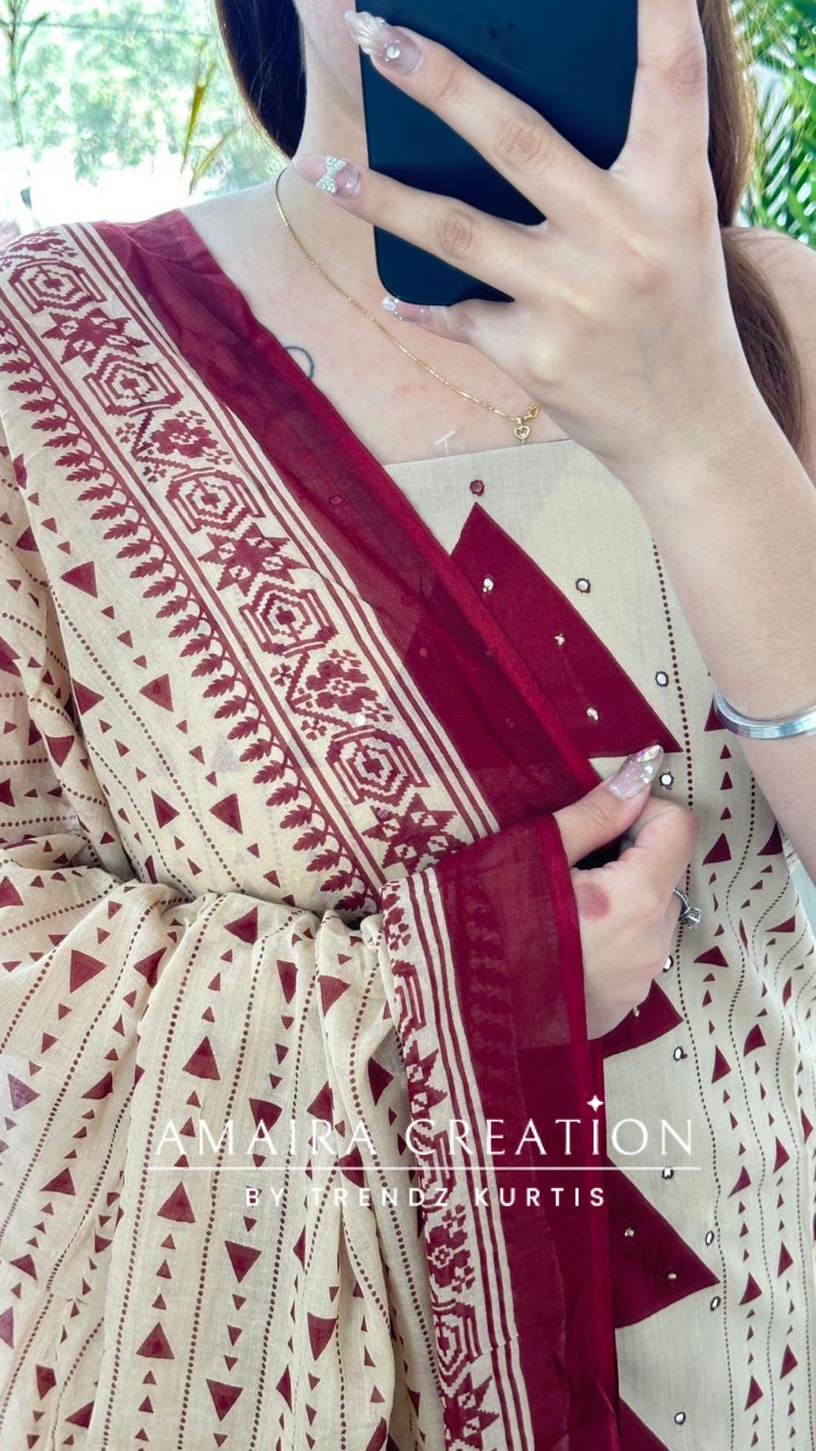 Premium Cotton Beige Maroon Colour Unstitch Suit