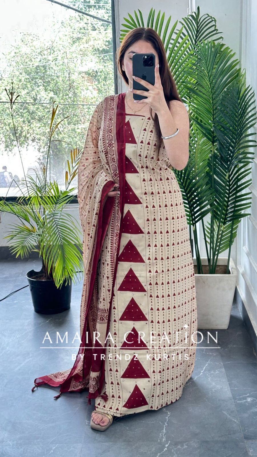 Premium Cotton Beige Maroon Colour Unstitch Suit