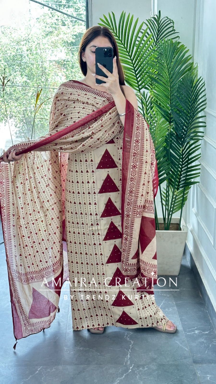Premium Cotton Beige Maroon Colour Unstitch Suit