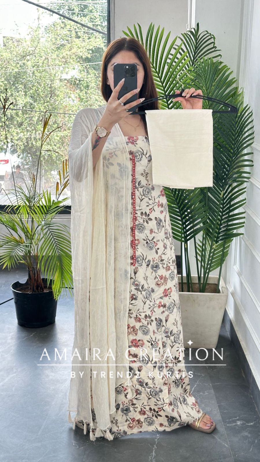 Premium Soft Cotton Cream Colour Floral Print Unstitch Suit