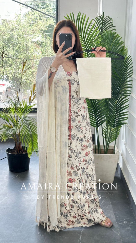 Premium Soft Cotton Cream Colour Floral Print Unstitch Suit