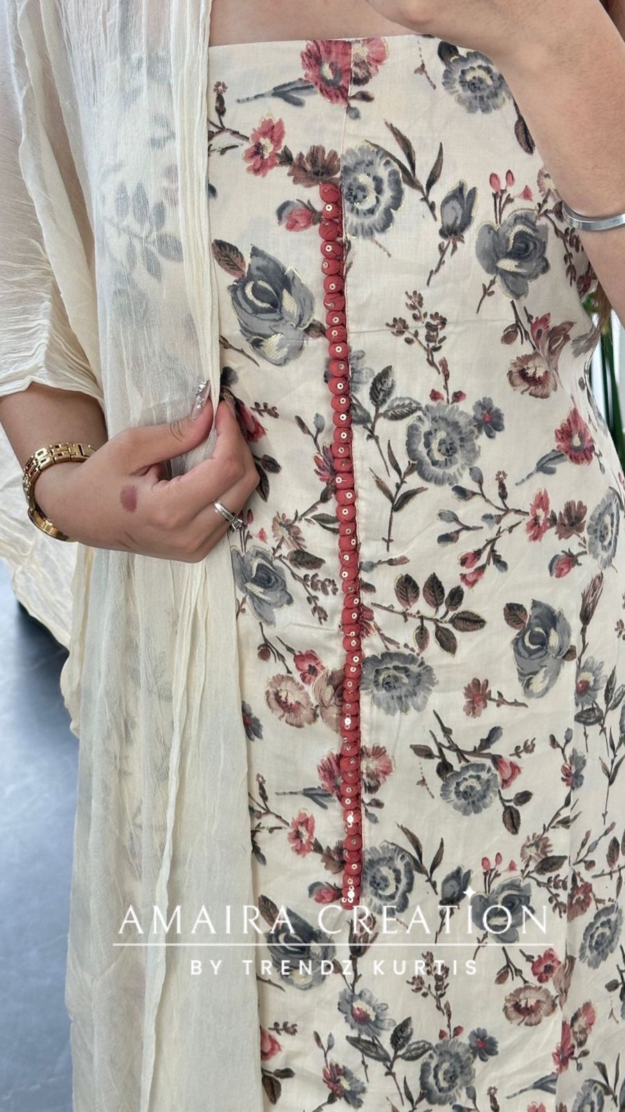 Premium Soft Cotton Cream Colour Floral Print Unstitch Suit