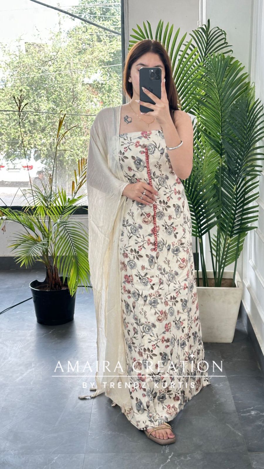 Premium Soft Cotton Cream Colour Floral Print Unstitch Suit
