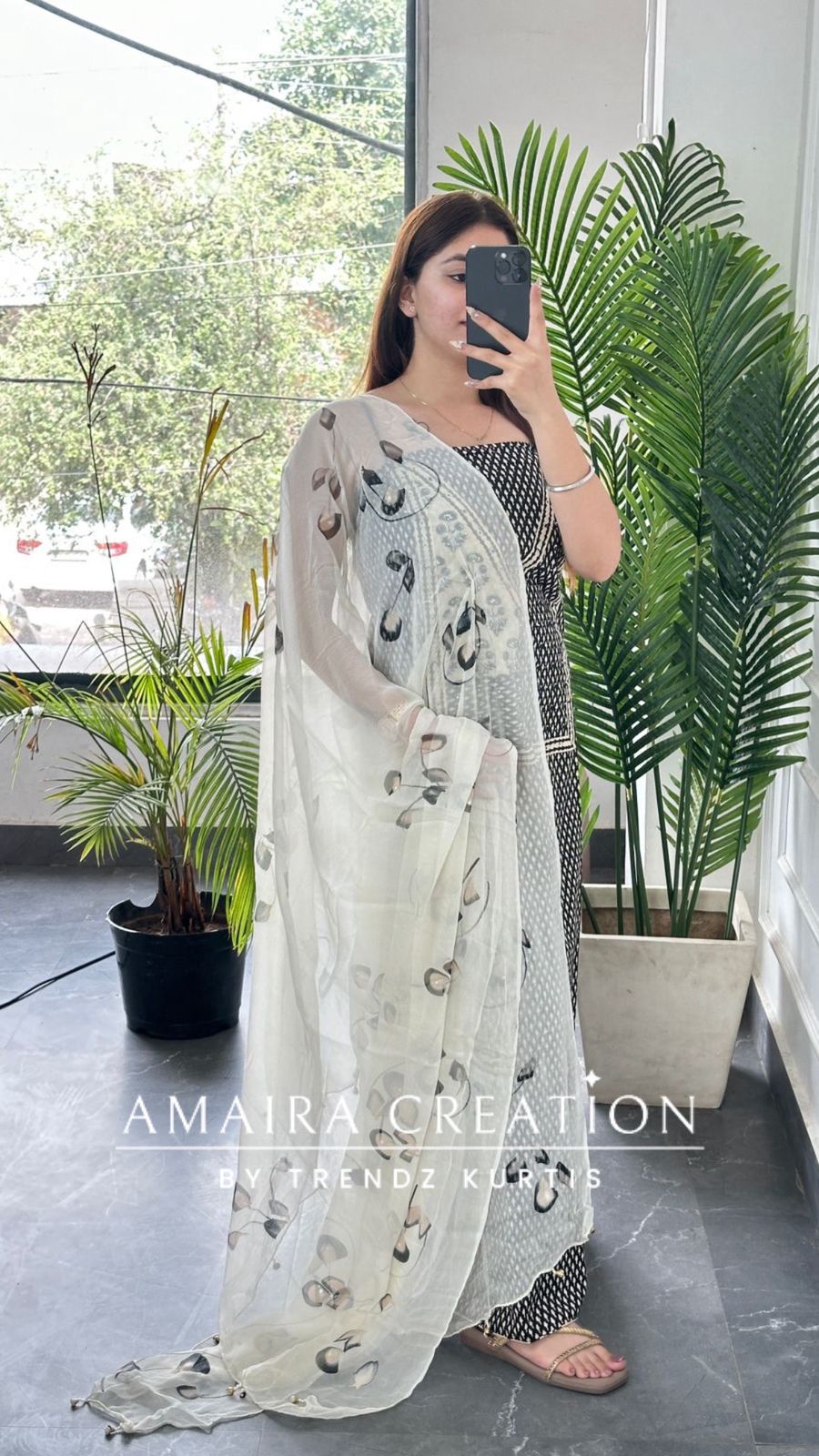 Premium Cotton Cream & Black Unstitch Suit With Brush Print Chiffon Dupatta