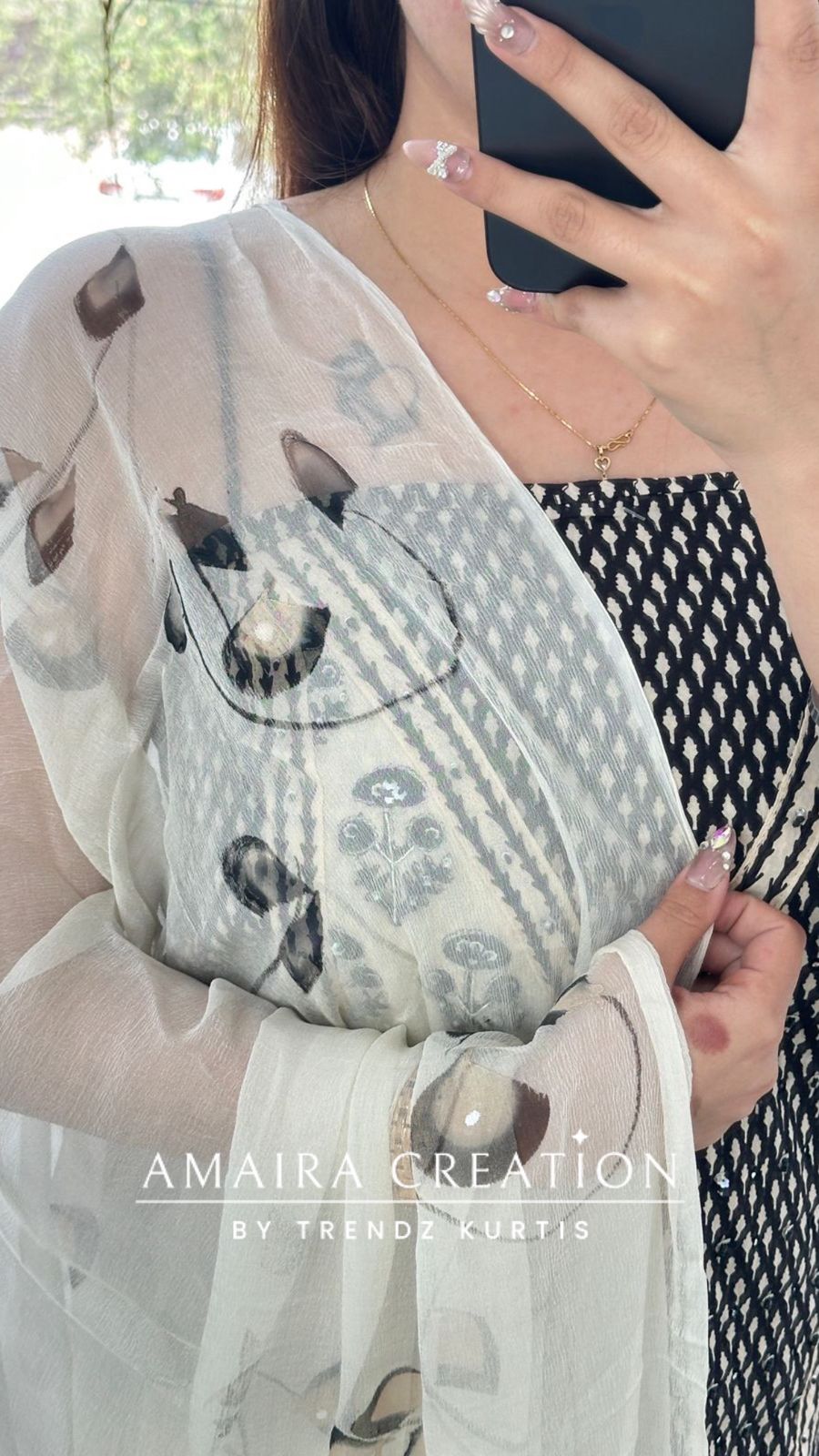 Premium Cotton Cream & Black Unstitch Suit With Brush Print Chiffon Dupatta