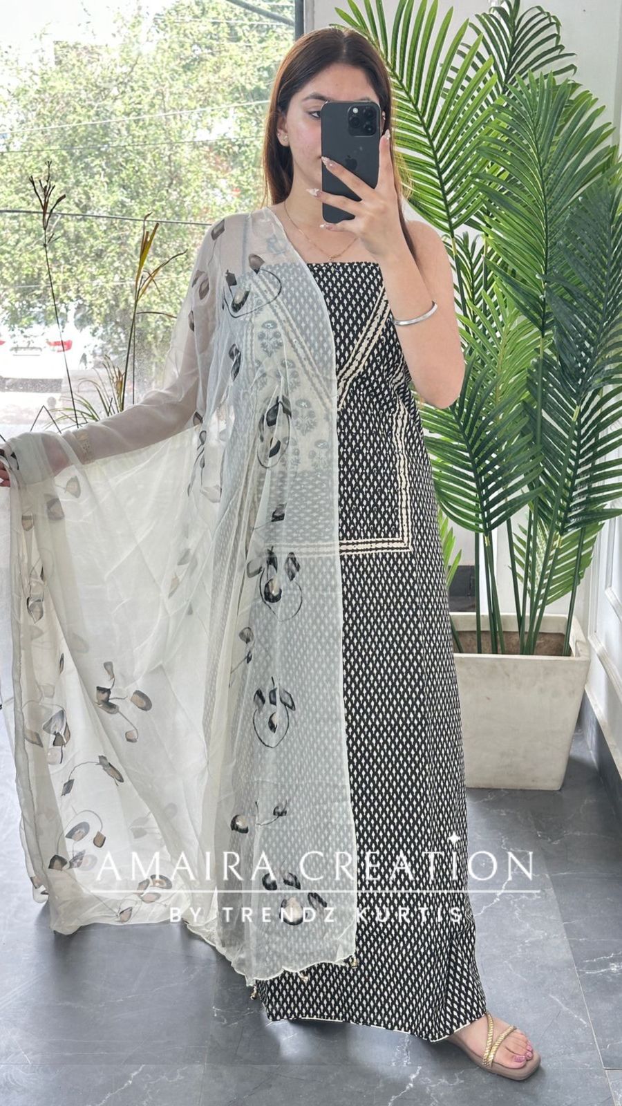 Premium Cotton Cream & Black Unstitch Suit With Brush Print Chiffon Dupatta
