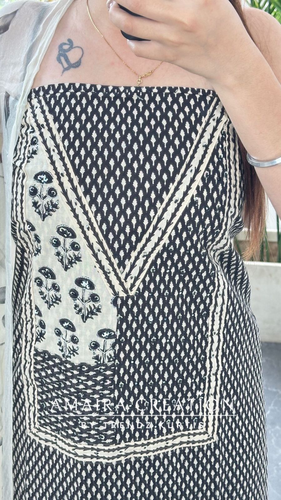 Premium Cotton Cream & Black Unstitch Suit With Brush Print Chiffon Dupatta