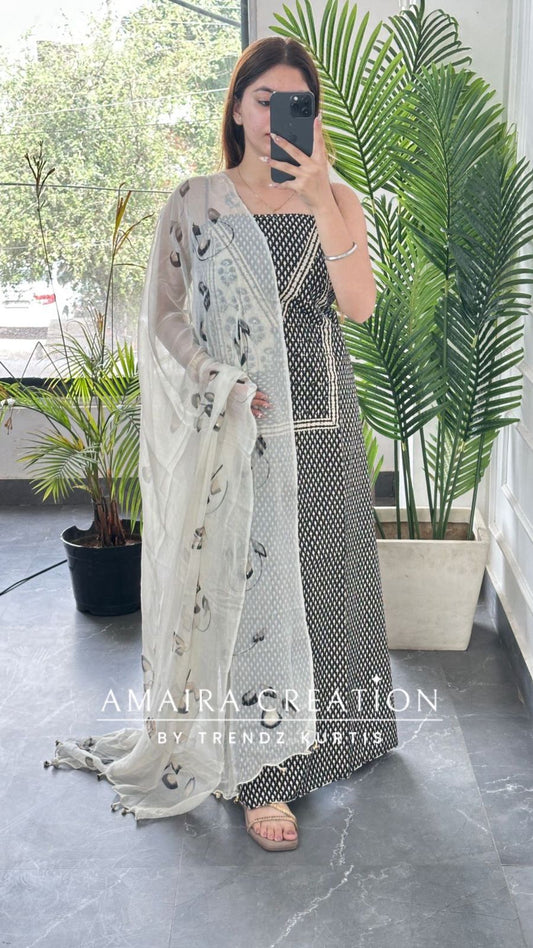 Premium Cotton Cream & Black Unstitch Suit With Brush Print Chiffon Dupatta