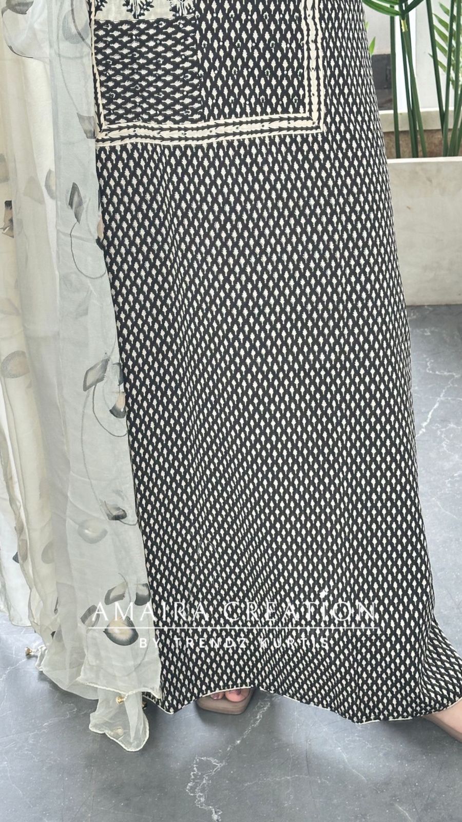 Premium Cotton Cream & Black Unstitch Suit With Brush Print Chiffon Dupatta