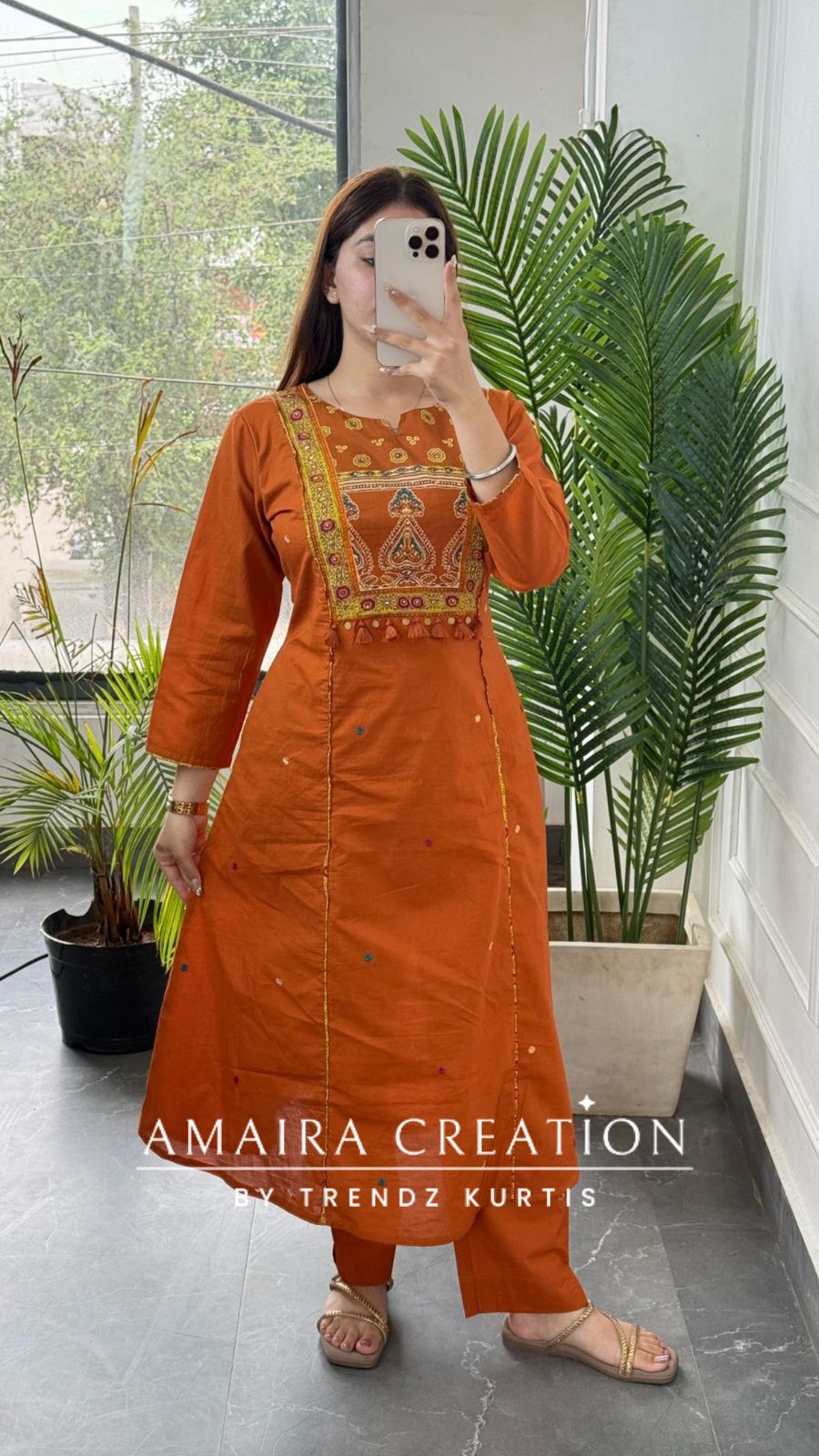 Premium Cotton A line a pattern Rust Colour Patchwork Detailing Pant set