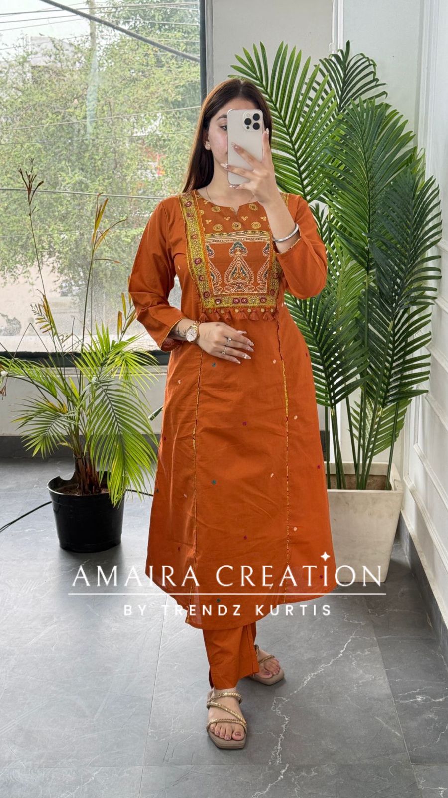 Premium Cotton A line a pattern Rust Colour Patchwork Detailing Pant set
