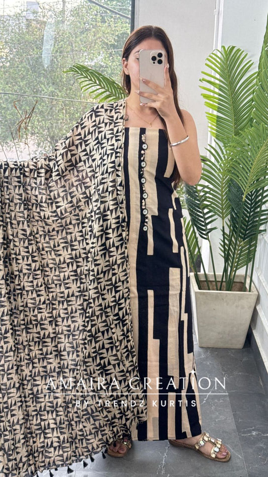 Premium Cotton Beige & Black Colour Unstitched Suits