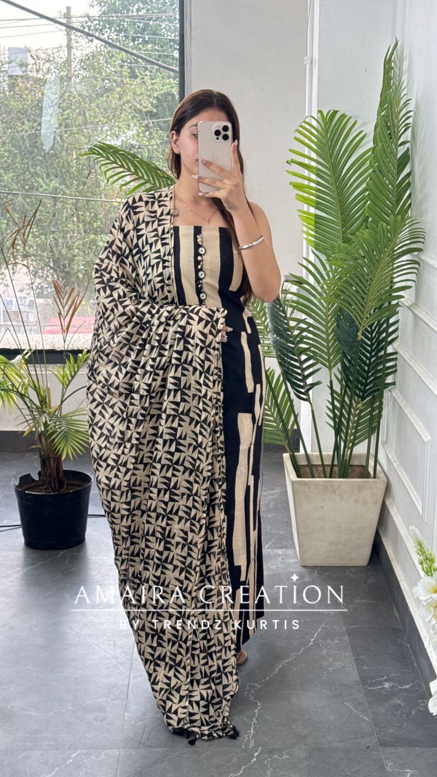 Premium Cotton Beige & Black Colour Unstitched Suits